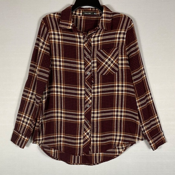 Doe & Rae Tops - Doe & Rae Burgundy Plaid Shirt with Cream & Mustard Accents